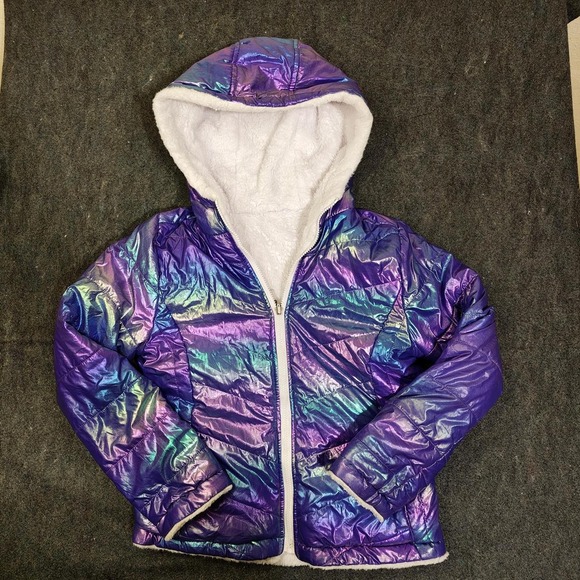 SO Other - SO Girls Iridescent Puffer Jacket Purple Blue Metallic Hooded Coat Size 14/16